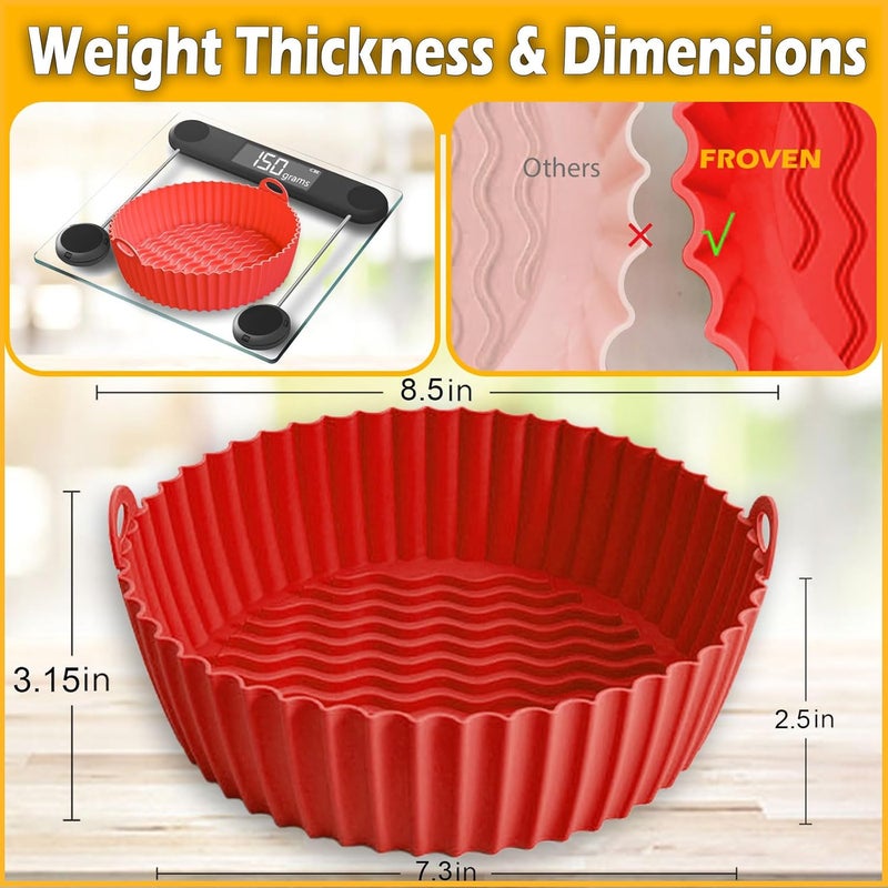 FROVEN 8.5 Inch Silicone Air Fryer Liners Round (2 Pack) Reusable Non-Stick Basket Inserts in Red – With Handles for Mess-Free Cooking – Compatible with Ninja, COSORI, Gowise USA & More Fryer Baskets - Image 2